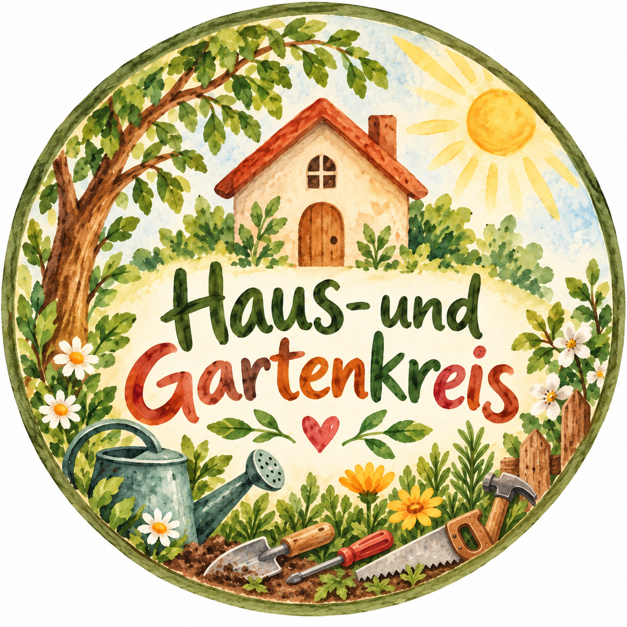 Aquarell-Logo des Haus- und Gartenkreises mit Haus, Blumen, Garten und Werkzeugen